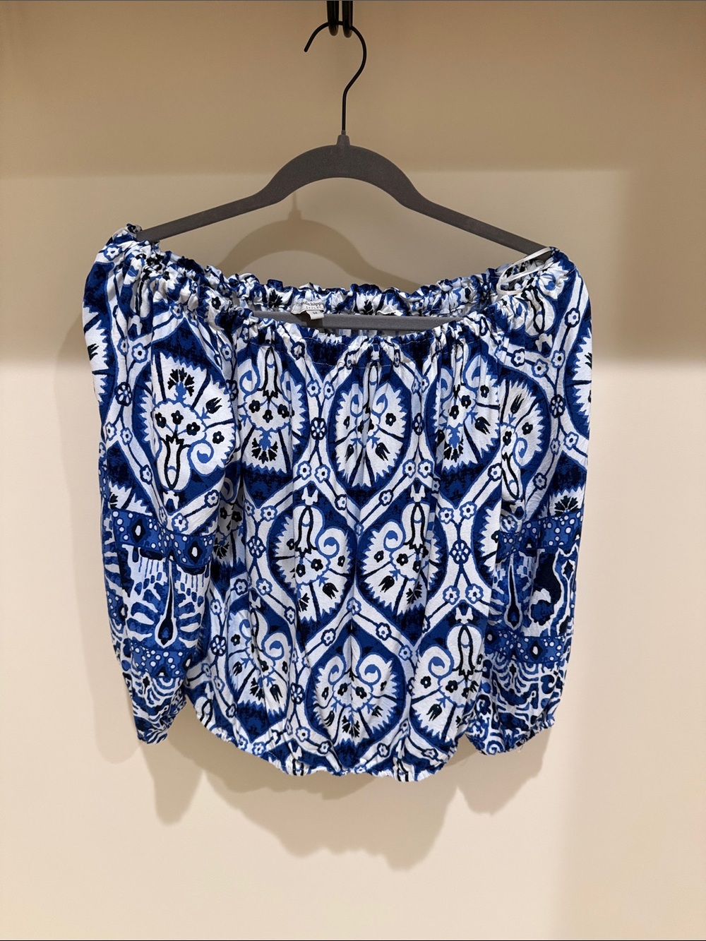 Haute Hippie Blue and White Printed Off-Shoulder Blouse